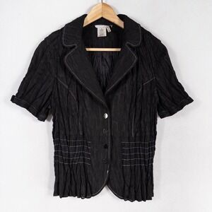 Alberto Makali Blazer Jacket Top Sz 12 Black Snap Front Crinkle Fabric Lined